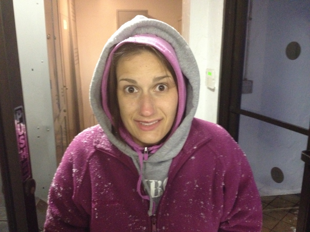My wife comes in from the snow at Mayer Brothers.